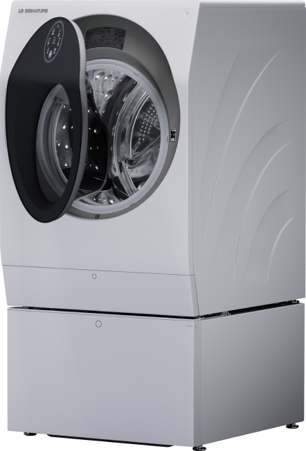 An image of the LG Signature Washing Machine stood against a black backdrop.