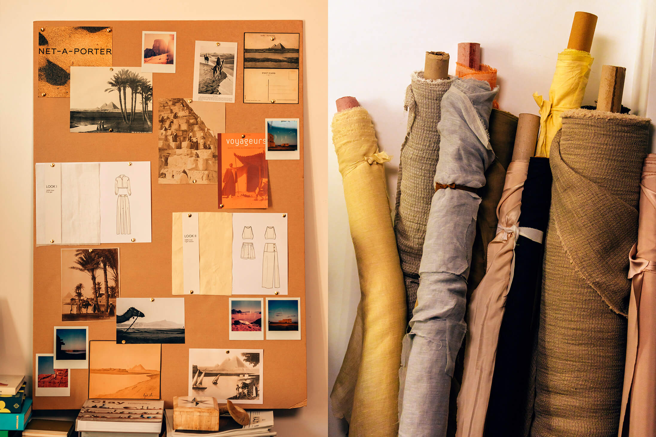 Image of a moodboard and neatly stacked rolled-up organic fabrics next to eachother.