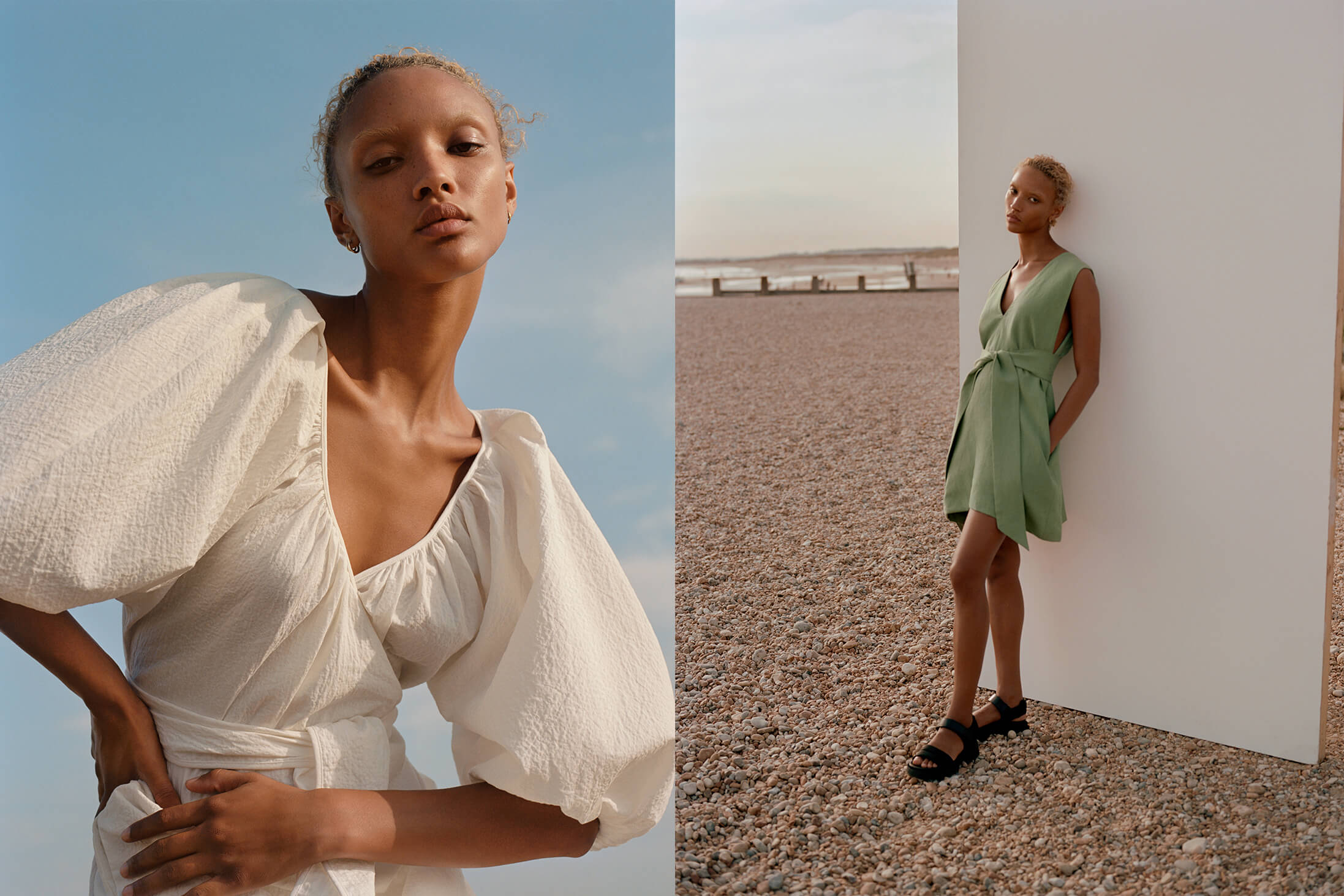 Two images of a model wearing the Winter Sun capsule collection pieces.