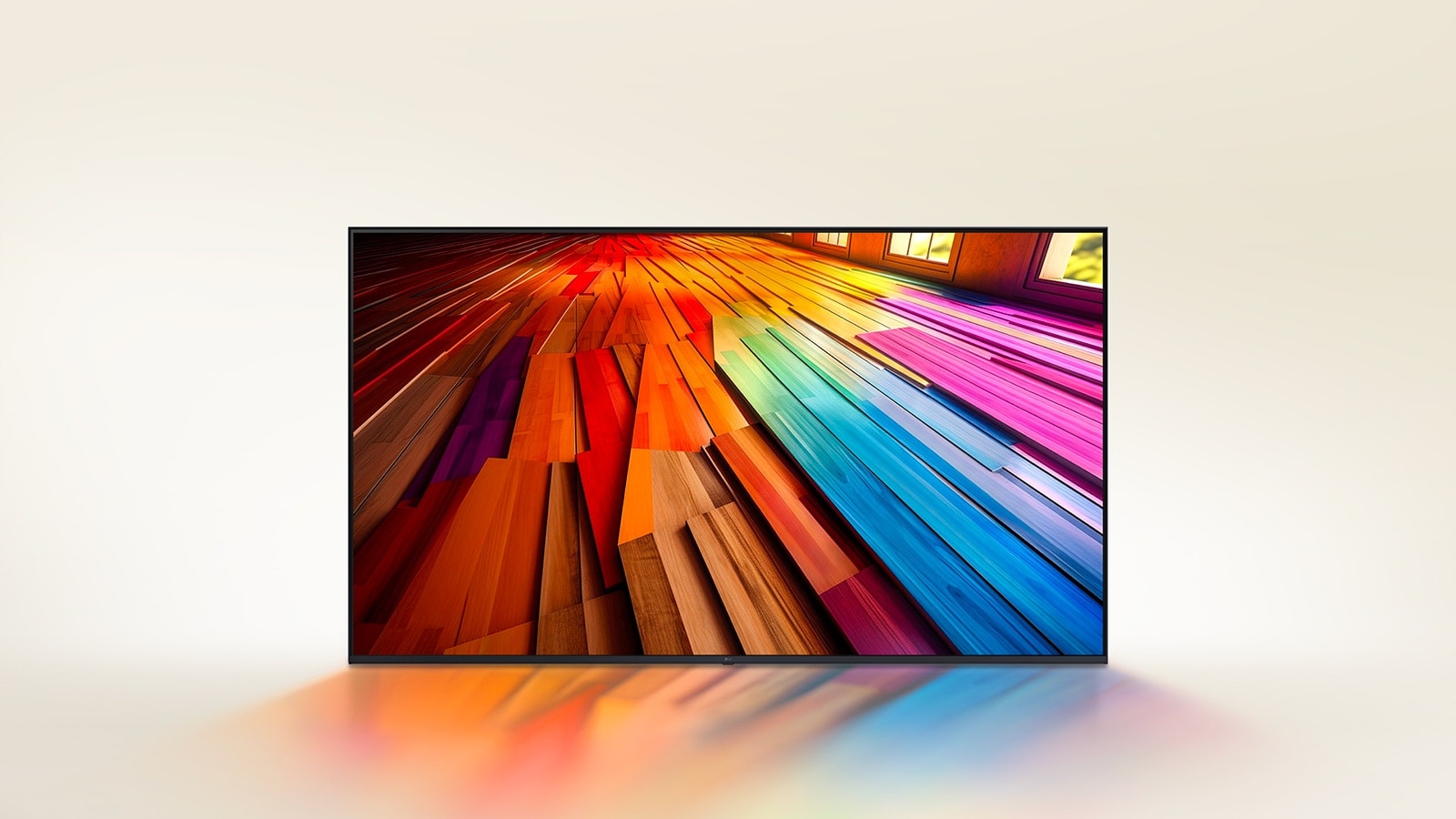 Ένα μεγάλο δάπεδο από σκληρό ξύλο με ζωηρά χρώματα εμφανίζεται σε μια LG UHD TV.