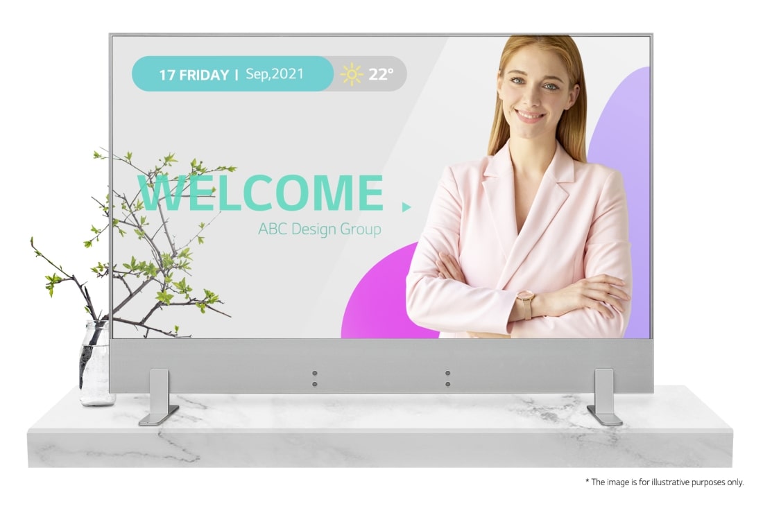 LG Transparent OLED Signage, Μπροστινή όψη με εικόνα που γεμίζει την οθόνη, 55EW5G-A