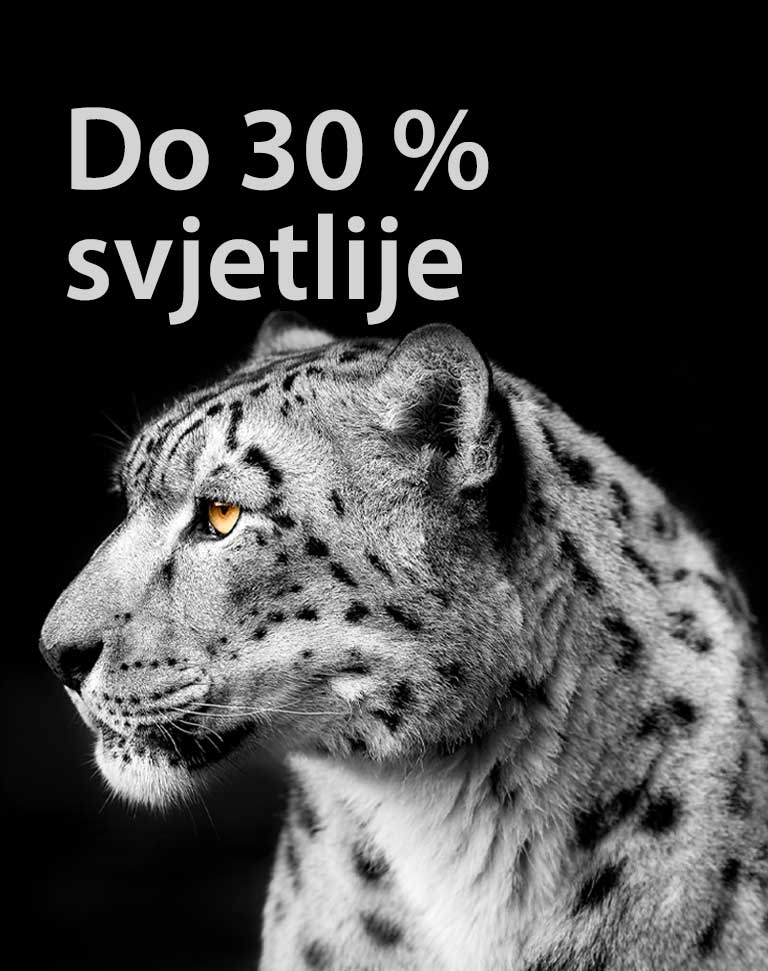 Profilni prikaz bijelog leoparda na lijevoj strani slike. Na lijevo se prikazuje natpis „Do 30 % jasnije”.