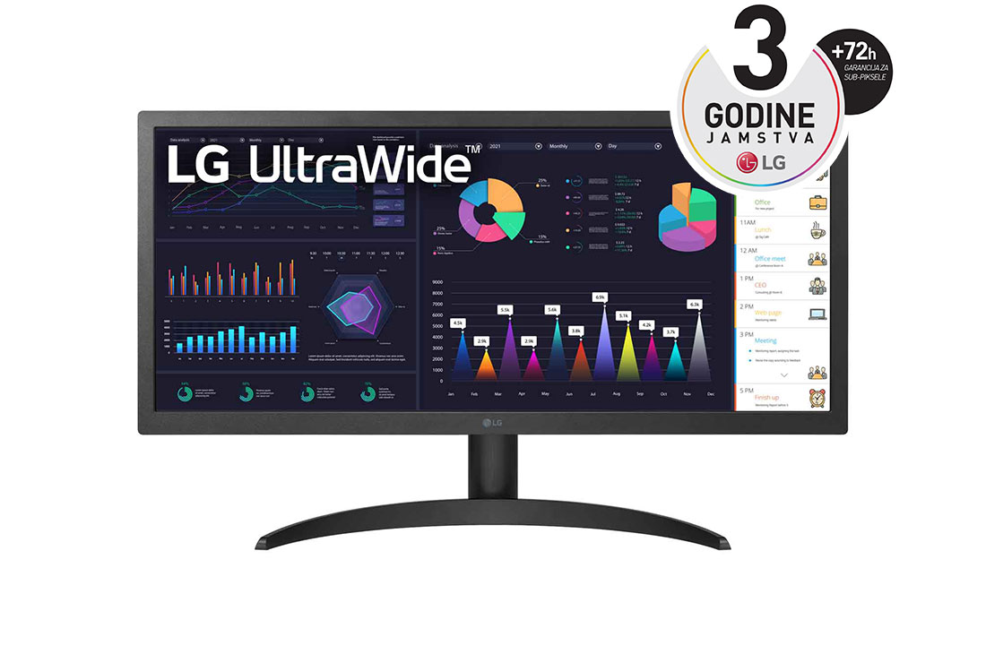 LG 26'' 21:9 UltraWide™ Full HD IPS Monitor with  AMD FreeSync™ , prikaz prednje strane, 26WQ500-B