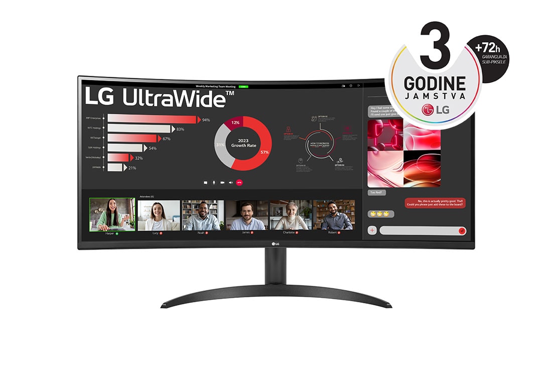 LG 34” UltraWide™ omjera 21:9 zakrivljeni VA monitor s brzinom osvježavanja od 100 Hz, prikaz prednje strane, 34WR50QC-B