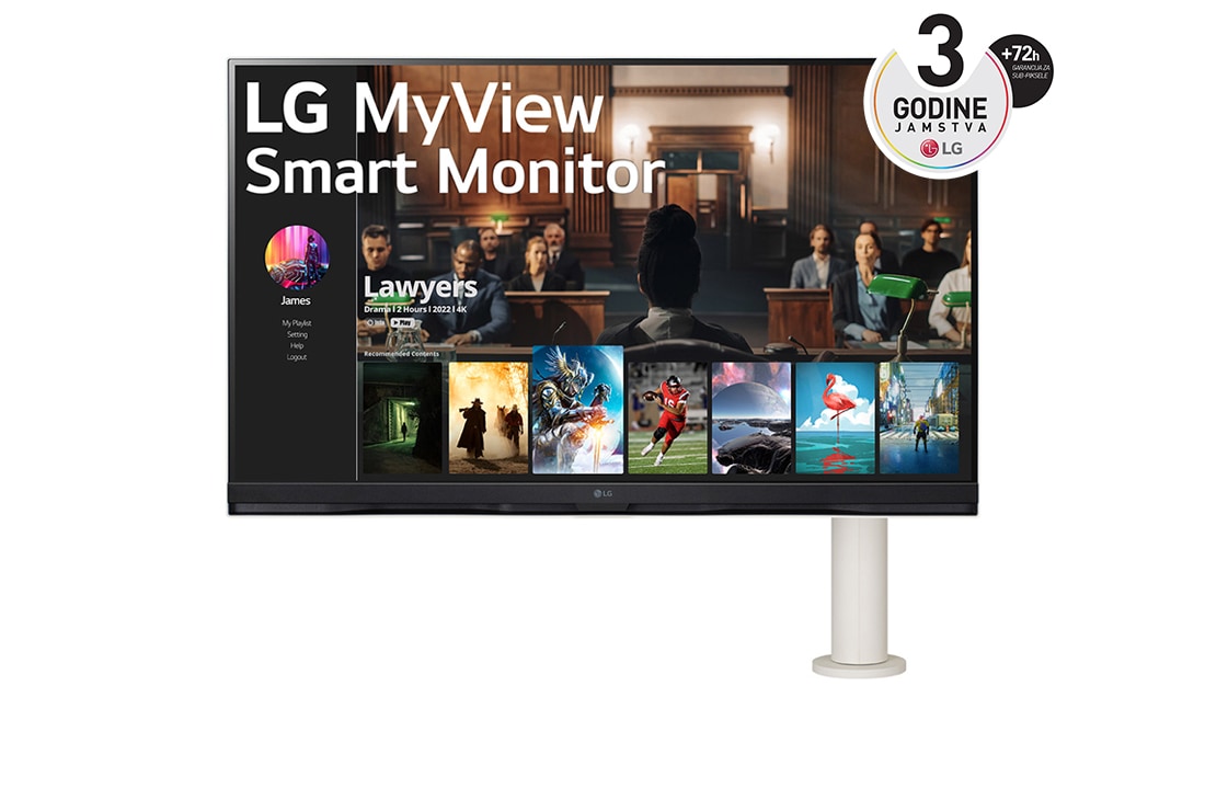 LG 32'' 16:9 omjera 4K UHD pametni monitor s Ergo postoljem i webOS platformom, prednji prikaz s krakom monitora s desne strane, 32SQ780S-W