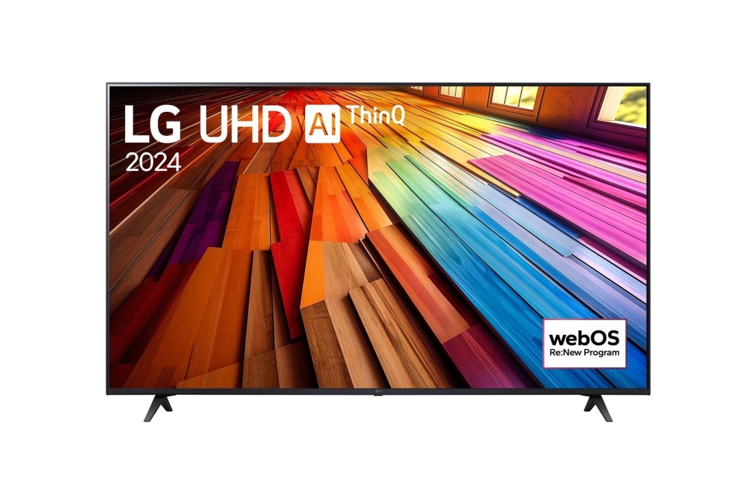 LG UHD UT80 4K Smart TV od 65 inča 2024, Pogled s prednje strane na LG UHD TV, UT80 s tekstom LG UHD AI ThinQ i 2024 na zaslonu, 65UT80003LA