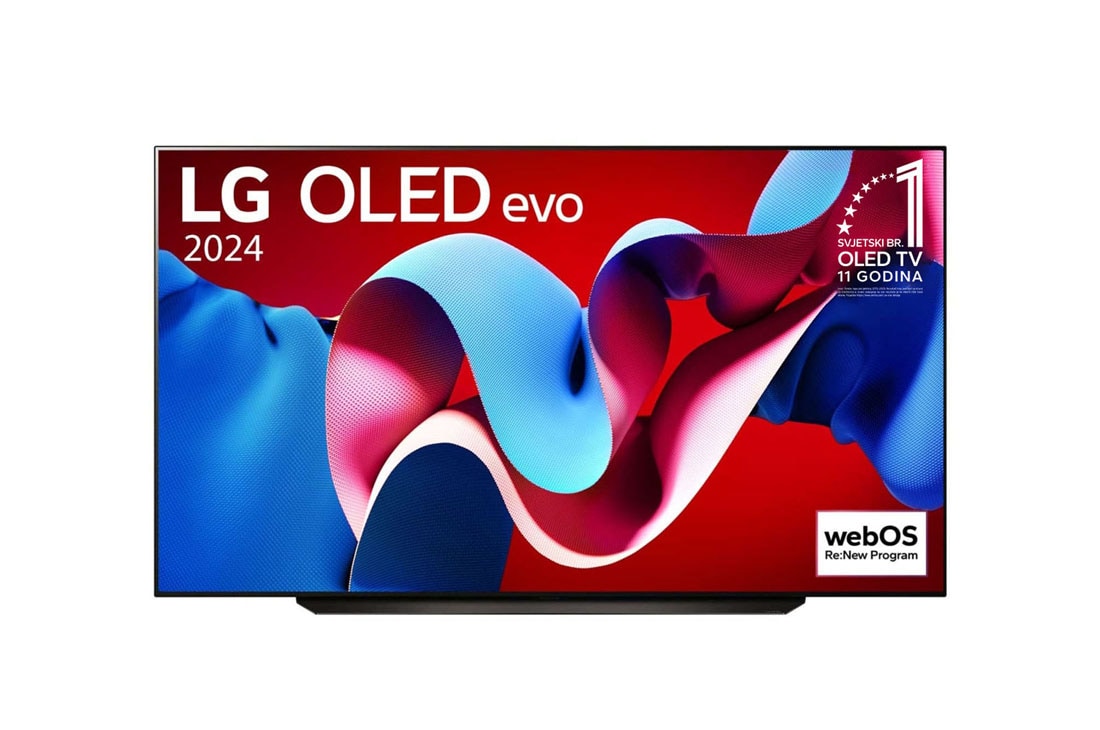 LG OLED evo C4 4K Smart TV od 83 inča 2024, Prikaz prednje strane LG OLED evo TV, OLED C4, na zaslonu se prikazuje amblem „11 godina najbolji OLED TV na svijetu”, a ispod se prikazuje Soundbar, OLED83C41LA