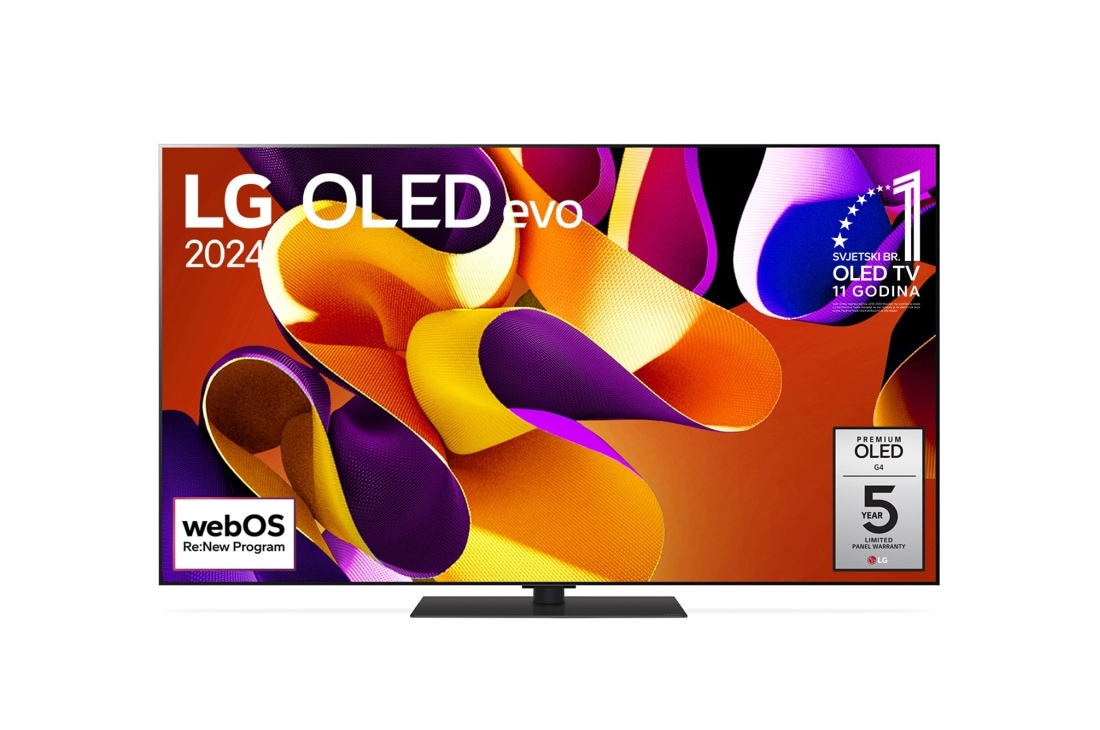 LG OLED evo G4 4K Smart TV od 65 inča 2024, Prikaz prednje strane LG OLED evo TV, OLED G4 na zaslonu se prikazuje amblem logotipa „11 godina najbolji OLED TV na svijetu” te logotip 5-godišnje jamstvo za panel, OLED65G43LS