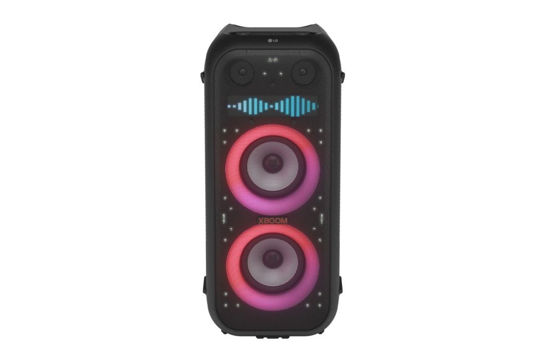 LG Portable Bluetooth Speaker LG XBOOM XL9T 2024, Prednji prikaz sa svim uključenim svjetlima. Na zaslonu pikseliziranog umjetničkog prikaza, prikazuje se ekvalizator zvuka., XL9T