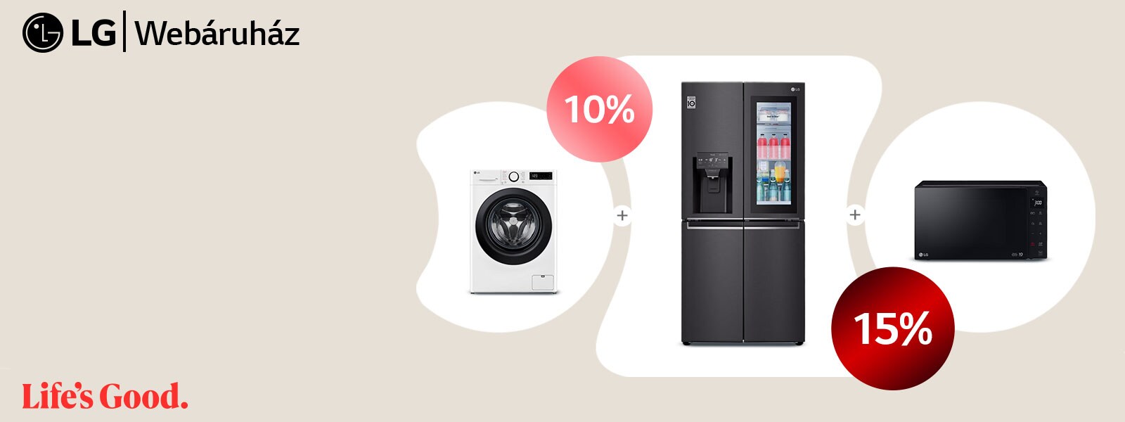 Vásároljon egyszerre 2 háztartási készüléket 10%, vagy 3 háztartási készüléket 15% kedvezménnyel az LG Webáruházból!