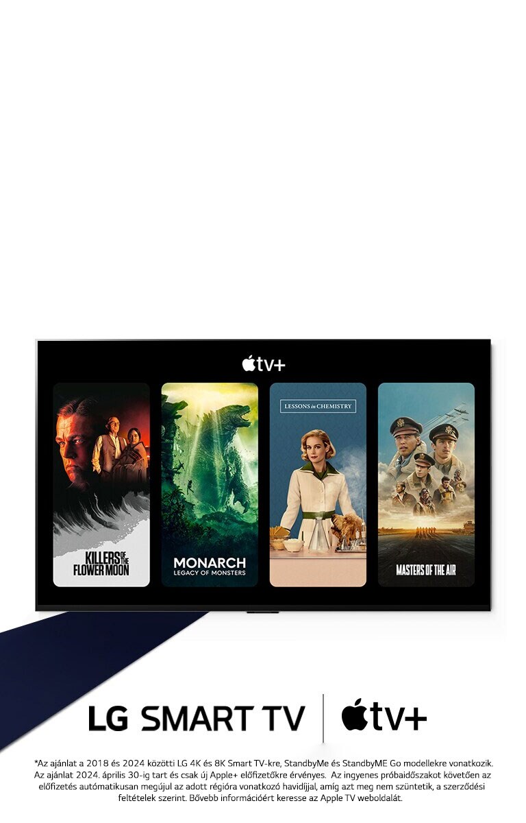 LG OLED TV képe. A képernyőn az Apple TV+ tartalma látható, a főcím pedig a következő: „Szerezz 3 hónap Apple TV+ ingyenes előfizetést az LG Smart TV-vel”. 