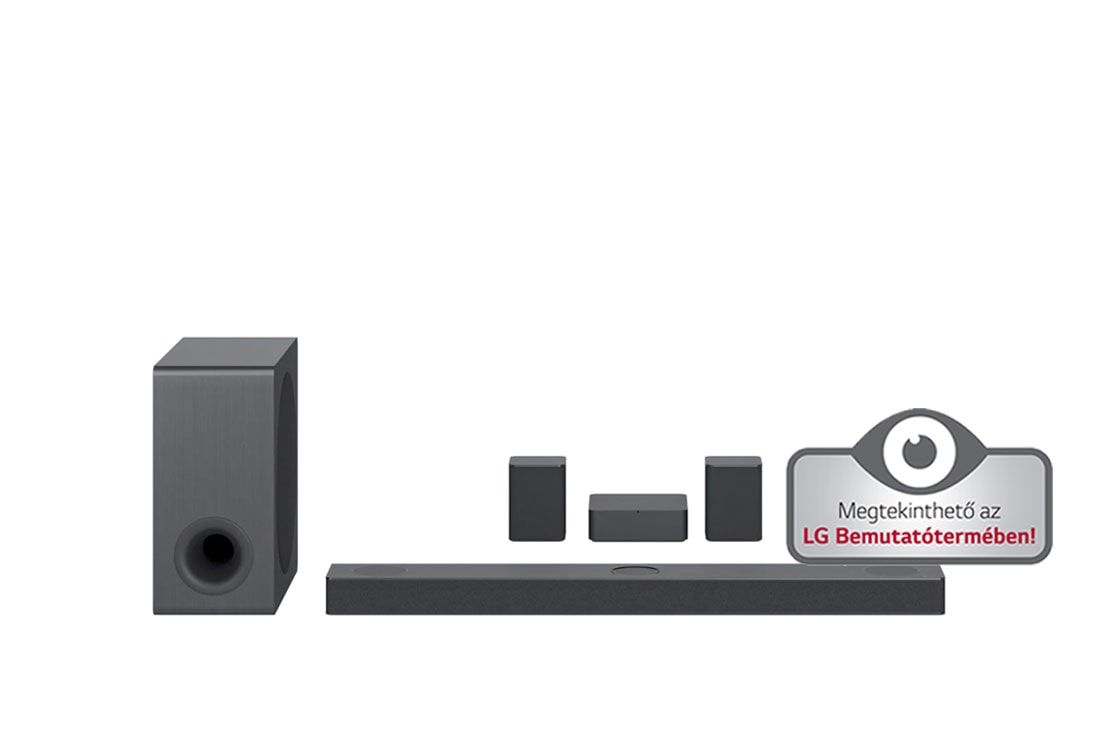 LG S80QR hangprojektor, Elölnézet mélynyomóval és felfelé irányuló hátsó hangszórókkal, S80QR