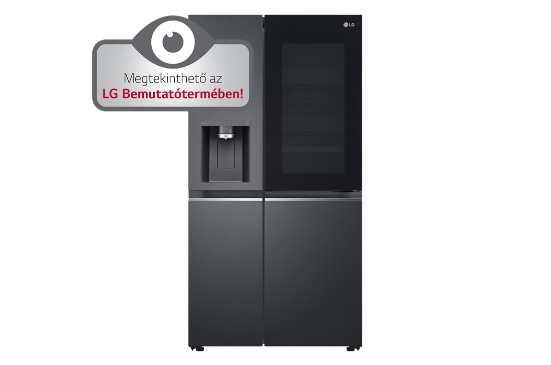 LG InstaView Door-in-Door™ Side-by-Side hűtőszekrény DoorCooling+™, Craft Ice™ és ThinQ™ technológia, 635L kapacitás, front light on food view, GSXV90MCDE