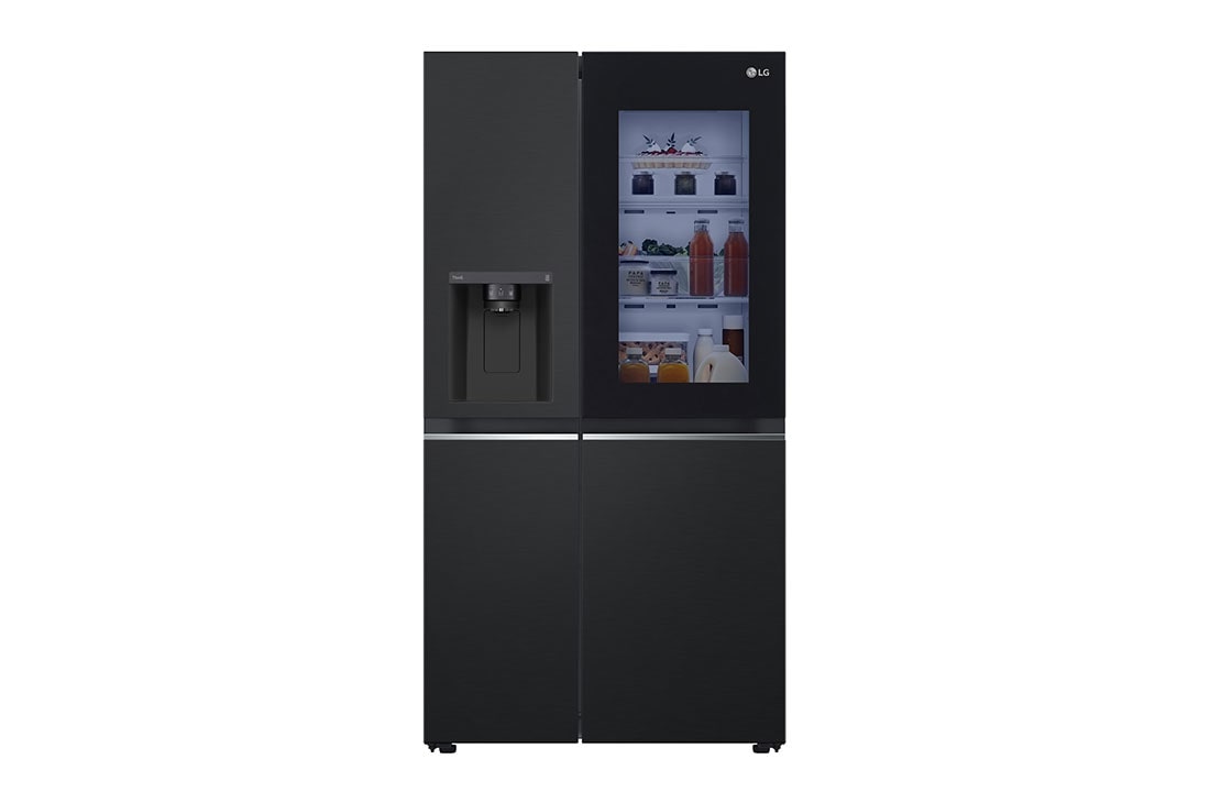 LG InstaView™ Side-by-Side hűtőszekrény DoorCooling⁺ᵀᴹ és ThinQ™ technológia, 635L kapacitás, Elölnézet élelmiszerekkel , GSGV80EPLD