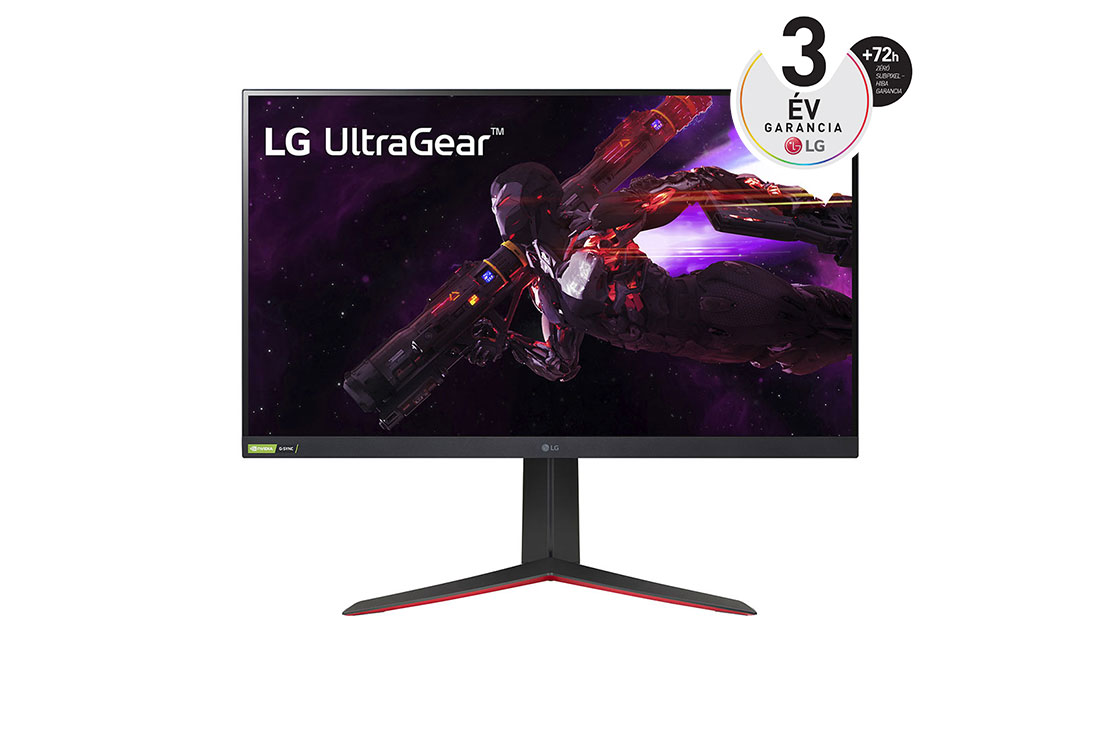 LG 31,5”-os UltraGear™ Nano IPS 1 ms, NVIDIA® G-SYNC® kompatibilis gaming monitor, elölnézet, 32GP850-B