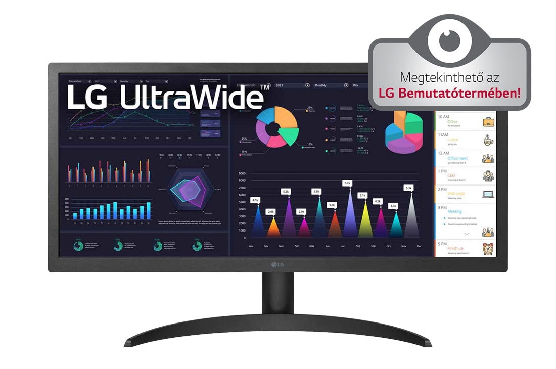 LG 26” méretű 21:9 UltraWide™ Full HD IPS monitor AMD FreeSync™ technológiával, elölnézet, 26WQ500-B