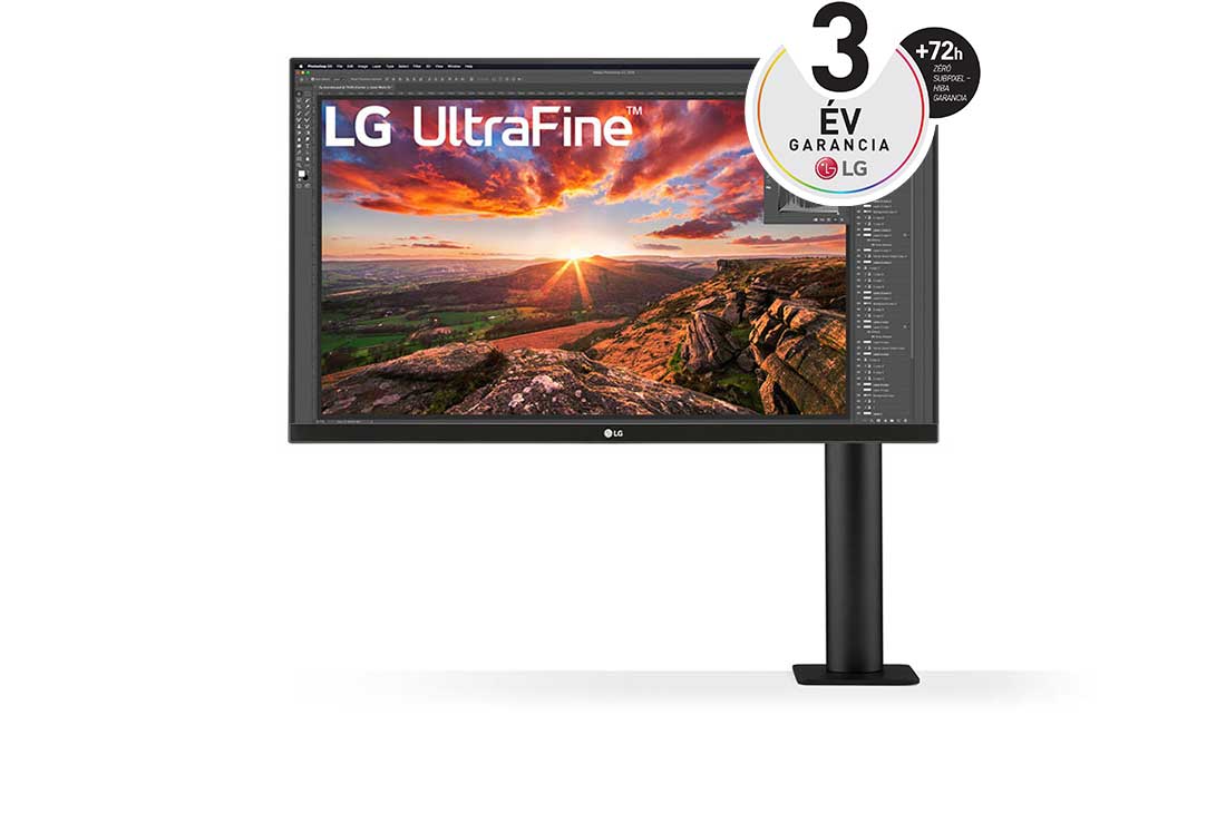 LG 27'' méretű UltraFine™ UHD IPS HDR monitor USB-C csatlakozóval és Ergo állvánnyal, a monitor elölnézete, a kar a jobb oldalon, 27UN880P-B