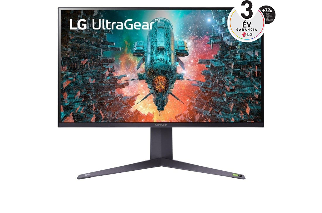 LG 31,5'' méretű 4K UHD IPS UltraGear™ gaming monitor 1ms-os válaszidővel és NVIDIA G-Sync™ kompatibilitással, elölnézet, 32GQ950P-B