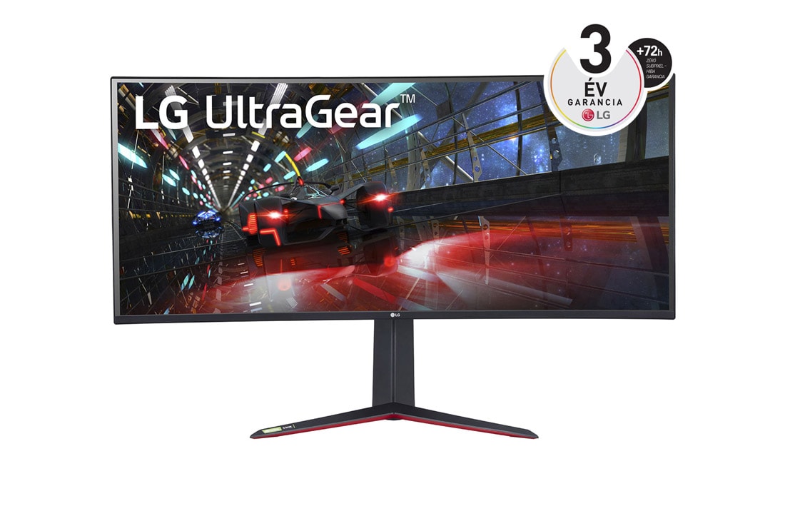 LG 37,5'' méretű 21:9 képarányú ívelt QHD Ultragear™ IPS gaming monitor HDR10-zel és AMD FreeSync™ (Premium Pro) technológiával, elölnézet, 38GN950P-B