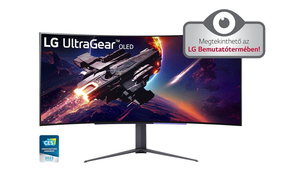 LG 45”-os UltraGear™ OLED WQHD ívelt gamer monitor 240 Hz-es képfrissítési sebességgel és 0,03 ms (GtG) válaszidővel, elölnézet, 45GR95QE-B