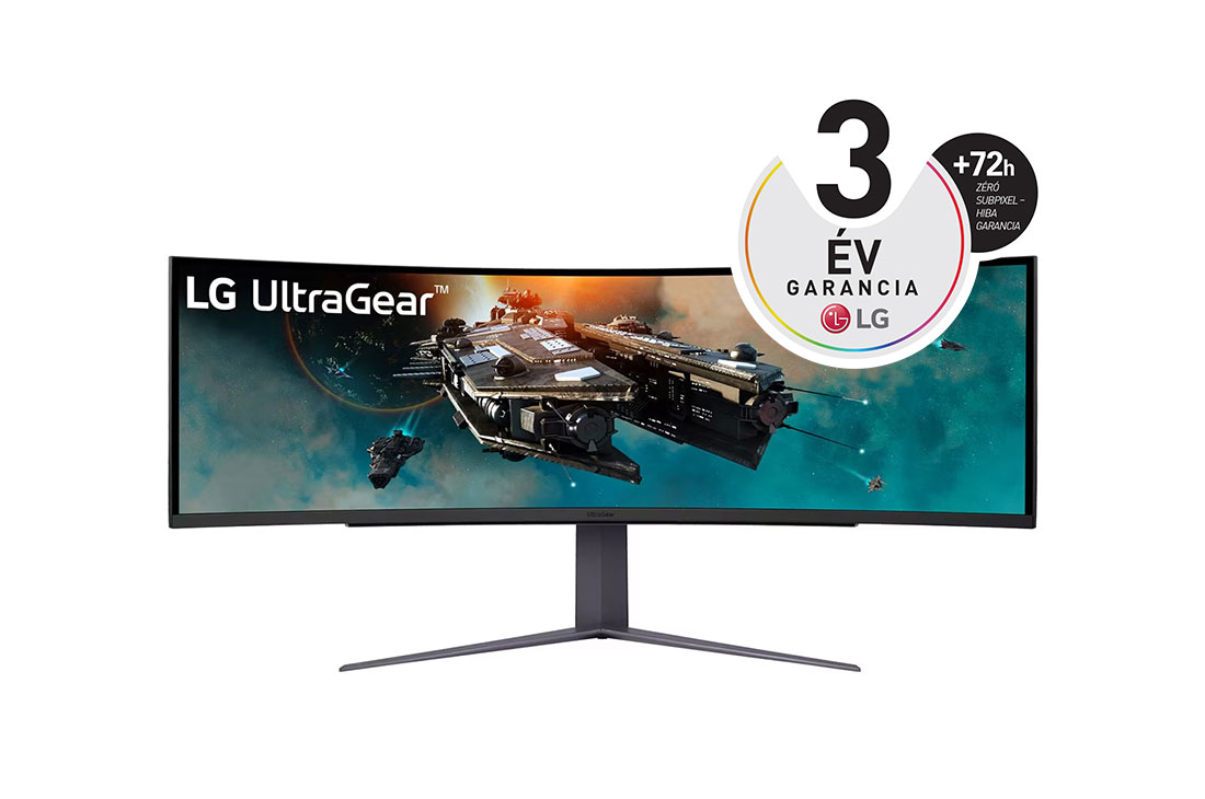 LG 49”-os UltraGear™ 32:9 képarányú, dupla QHD, ívelt gamer monitor 240 Hz-es képfrissítési sebességgel, elölnézet, 49GR85DC-B
