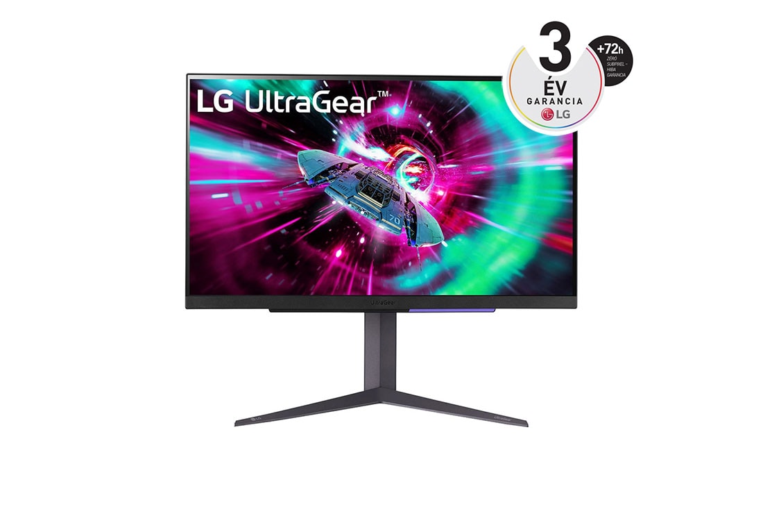 LG 27” LG UltraGear™ 16:9 képarányú UHD Gaming Monitor 144 Hz képfrissítéssel, elölnézet, 27GR93U-B