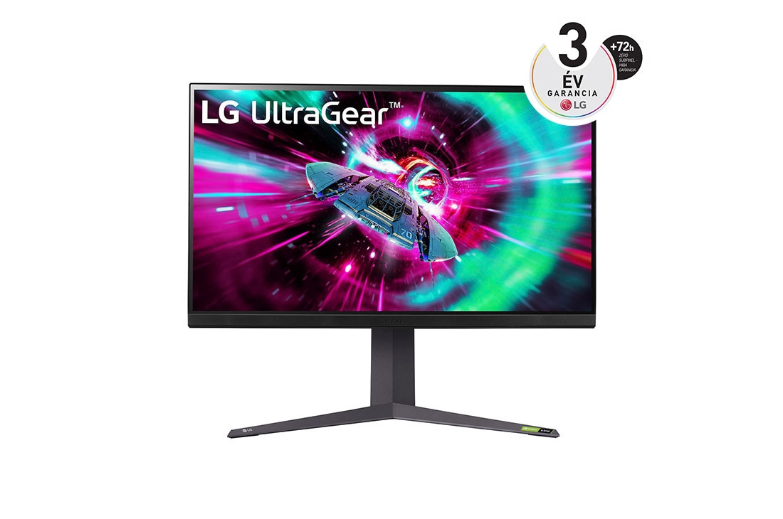 LG 31.5” LG UltraGear™ 16:9 képarányú UHD Gaming Monitor 144 Hz képfrissítéssel, elölnézet, 32GR93U-B