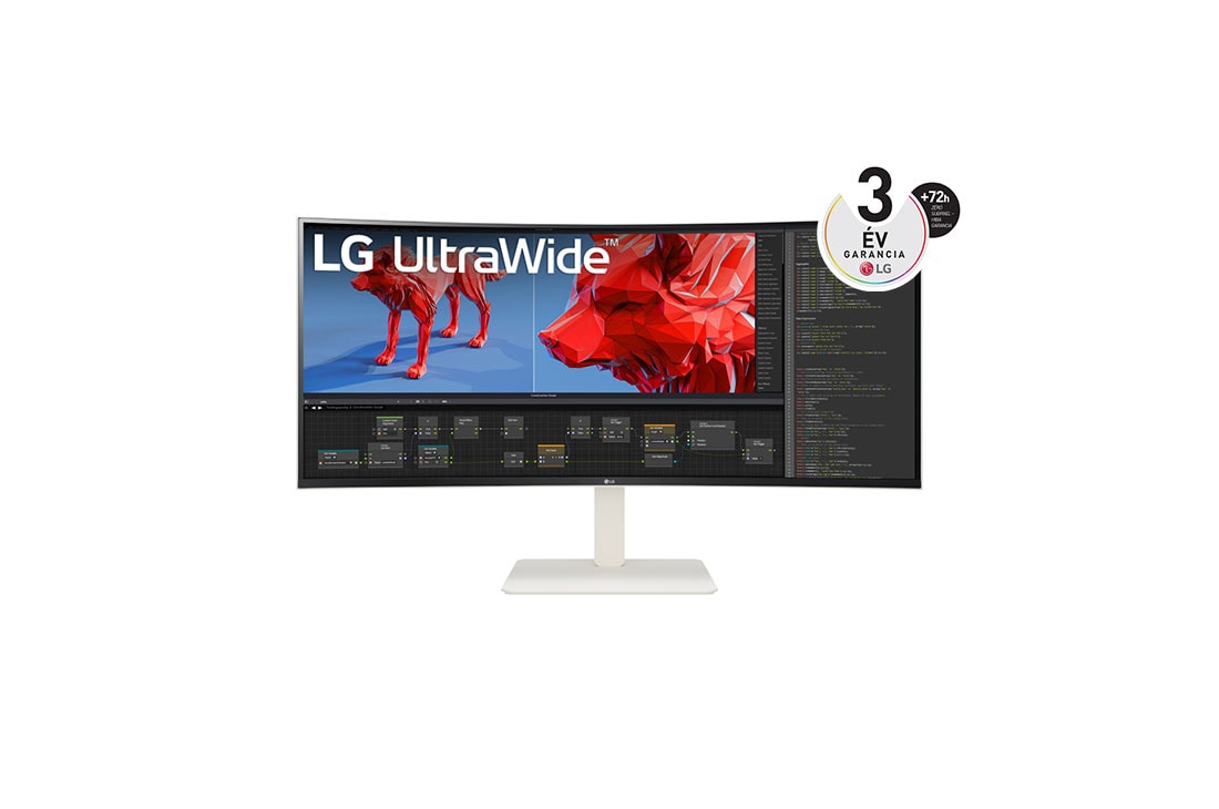 LG 38”-os UltraWide™ 21:9 képarányú, ívelt IPS monitor 144 Hz-es képfrissítési sebességgel, elölnézet, 38WR85QC-W