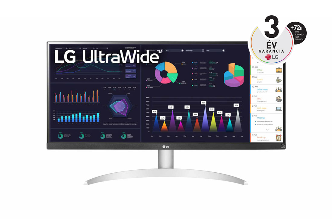 LG 29”-os UltraWide™ 21:9 képarányú, IPS monitor 100 Hz-es képfrissítési sebességgel, elölnézet, 29WQ600-W