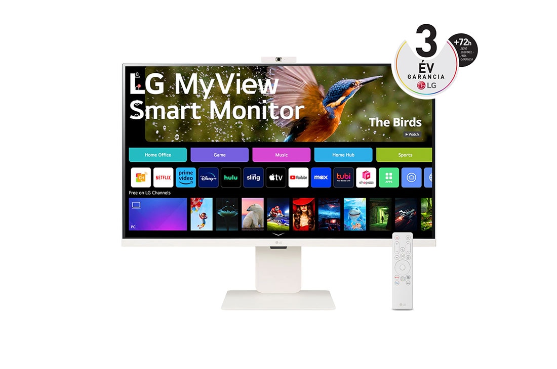 LG 32”-os 16:9 képarányú 4K UHD IPS MyView Smart monitor webkamerával, front view with webcam and remote control, 32SR85U-W