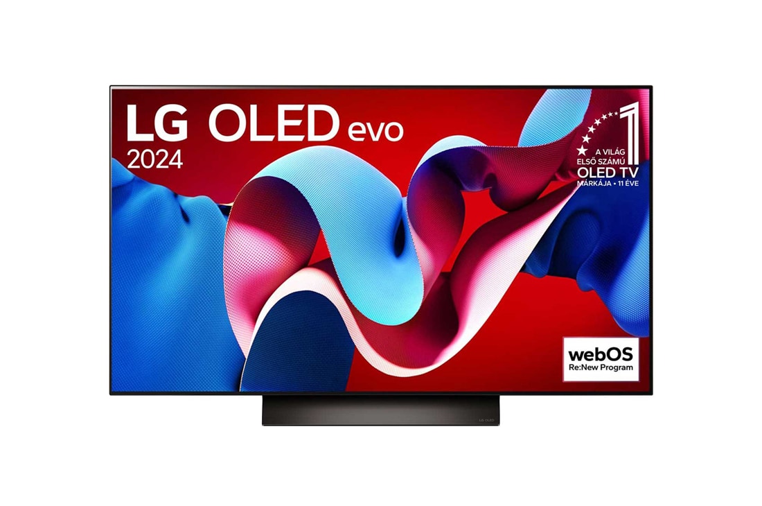 LG 48 colos LG OLED evo C4 4K Smart TV 2024, LG OLED evo TV elölnézet, OLED C4, 11 Years of world number 1 OLED (11 éve a világ első számú OLED-je) embléma látható a képernyőn, OLED48C41LA