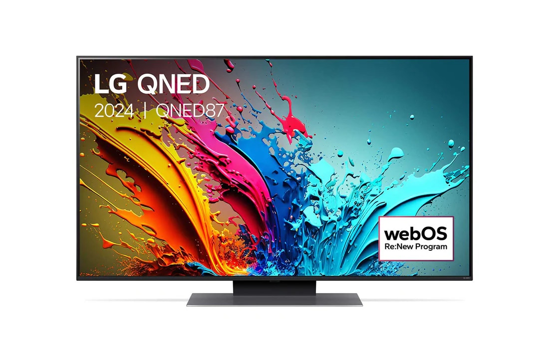 LG 55 colos LG QNED87 4K Smart TV 2024, LG QNED TV, QNED87 elölnézete az LG QNED, 2024 szöveggel és a webOS Re:New Program logóval a képernyőn, 55QNED87T3B