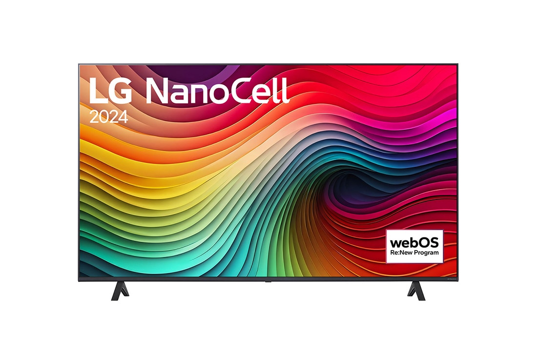 LG 50 colos LG NanoCell NANO81 4K Smart TV 2024, LG NanoCell TV, NANO81 elölnézete az LG NanoCell, 2024 szöveggel és a webOS Re:New Program logóval a képernyőn, 50NANO81T3A
