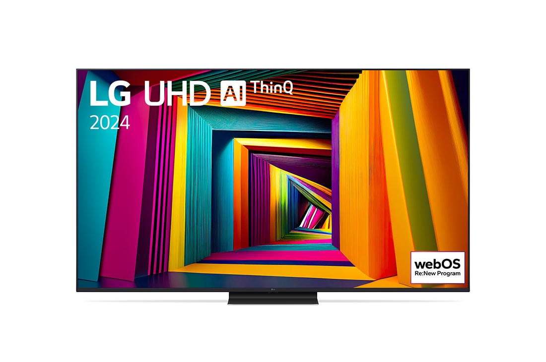 LG 75 colos LG UHD UT91 4K Smart TV 2024, LG UHD TV, UT90 elölnézete az LG UHD AI ThinQ, 2024 szöveggel és a webOS Re:New Program logóval a képernyőn, 75UT91003LA