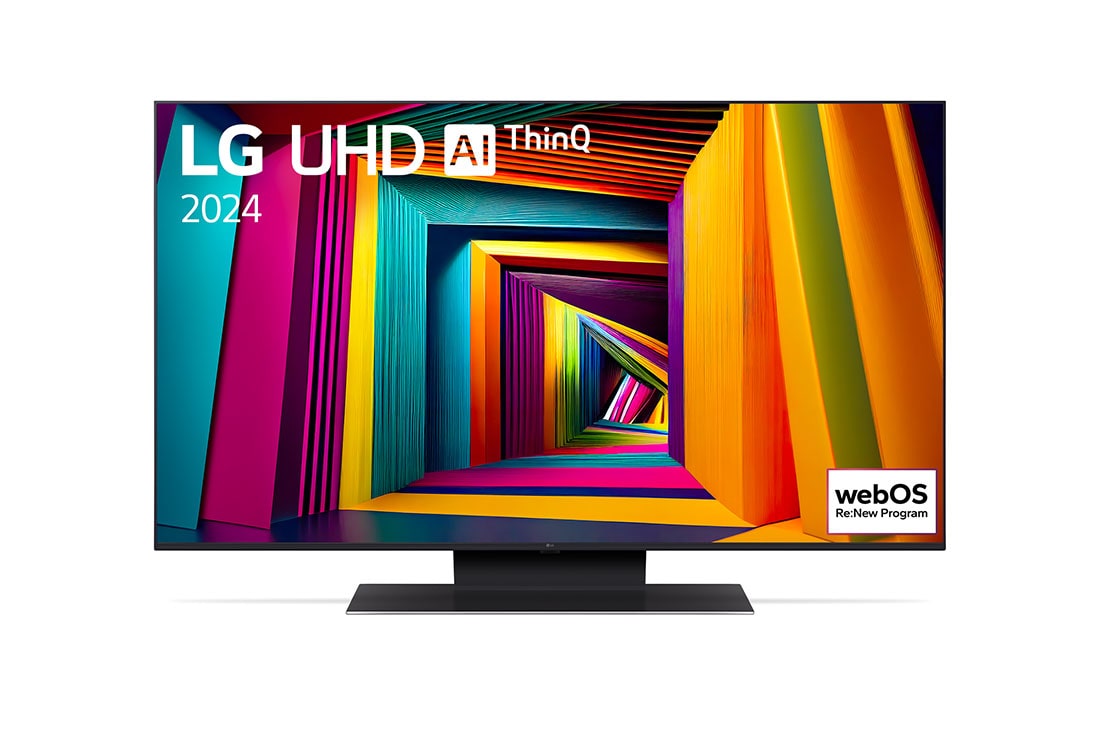 LG 43 colos LG UHD UT91 4K Smart TV 2024, LG UHD TV, UT90 elölnézete az LG UHD AI ThinQ, 2024 szöveggel és a webOS Re:New Program logóval a képernyőn, 43UT91003LA
