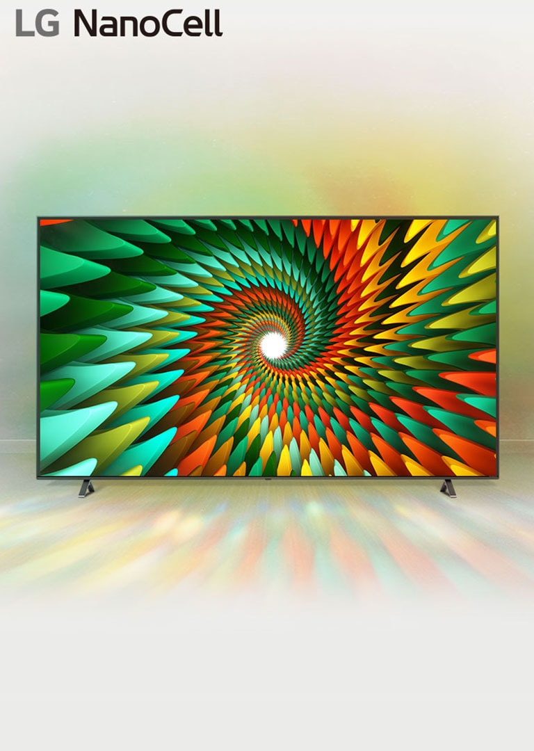 טלוויזיה ניצבת בחדר לבן וריק ובמסך מוצגת צורת ספירלה צבעונית.