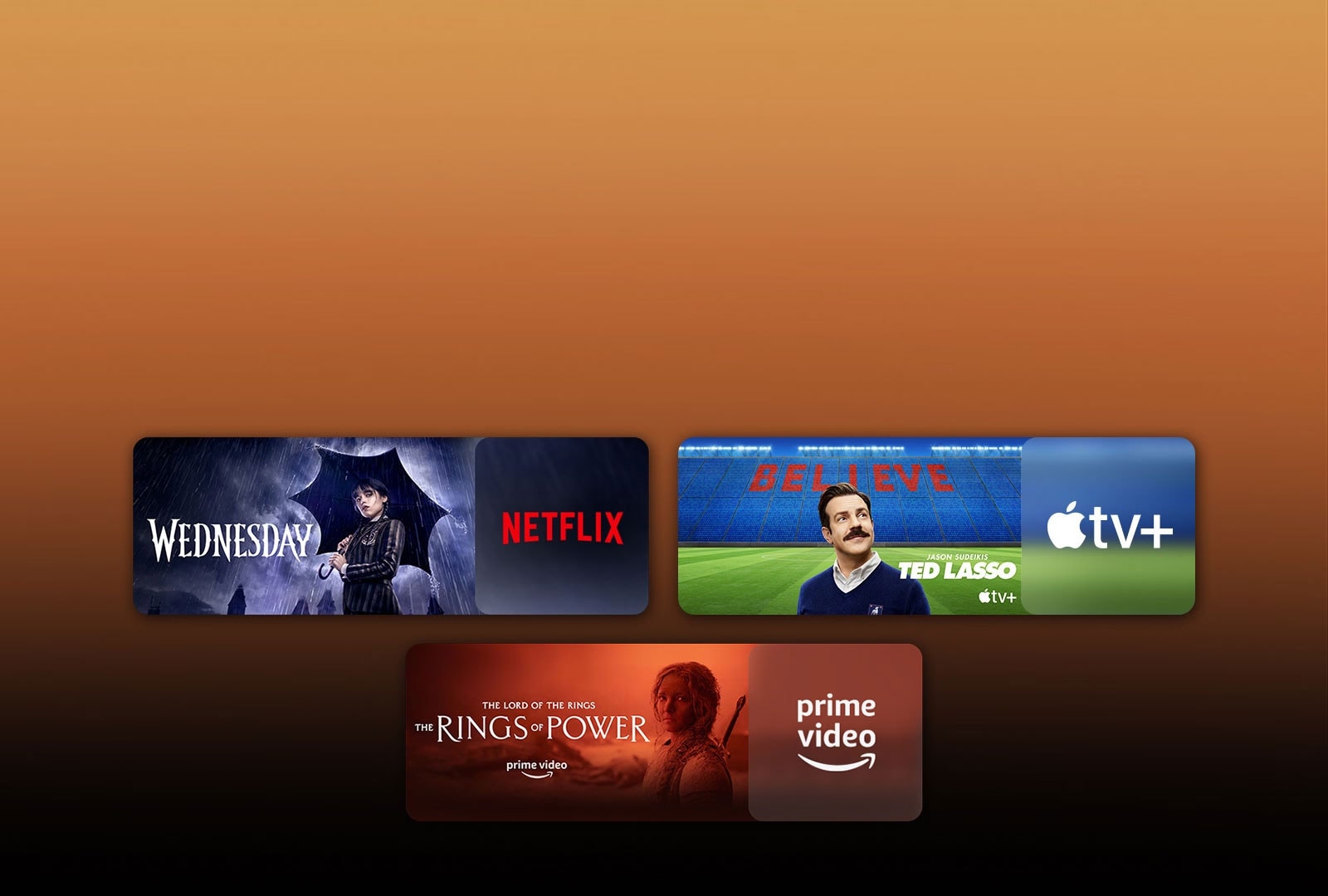 لوگوهای پلتفرم‌های سرویس پخش آنلاین و تصاویر فیلم‌های مربوط به آنها درست در کنار هر لوگو درج شده‌اند. تصاویری از چهارشنبه از Netflix، تد لاسو از Apple TV و حلقه‌های قدرت از PRIME VIDEO قابل مشاهده است.