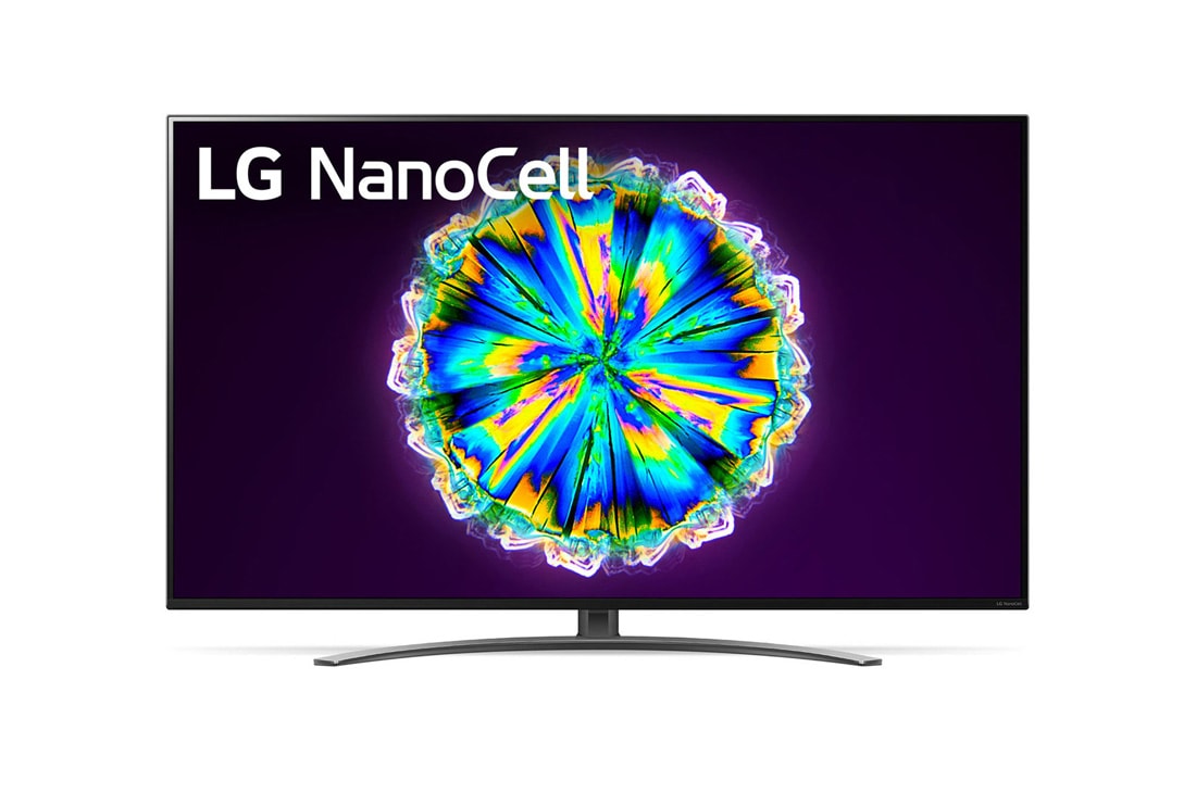 LG ال‌جی،LG Nanocell ، تلویزیون 65 اینچ سری NANO86، تکنولوژی هوشمند AI ThinQ، سیستم عامل WebOS، کیفیت 4k، توانایی نمایش محتوای HDR، تکنولوژی Local Dimming(تاریکی موضعی)، پایه وسط و هلالی شکل, نمای جلو از تلویزیون LG NanoCell, 65NANO86VNA