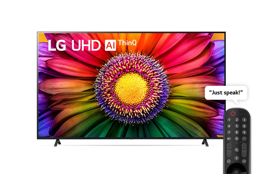 LG ال‌جی،LG UHD UR80 ، تلویزیون 86 اینچ سری UR80، کیفیت 4k، کنترل جادویی، تکنولوژی هوشمند AI ThinQ، سیستم عامل WebOS، توانایی نمایش محتوای HDR با فرمتHLG، تکنولوژی AI Picture Pro وAI Sound Pro (5.1.2ch)، پایه دو طرفه، جدید 2023, نمای جلو از تلویزیون LG UHD, 86UR80006LA