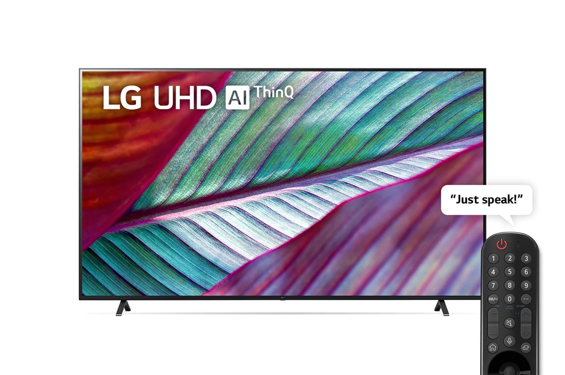 LG ال‌جی،LG UHD UR78 ، تلویزیون 86 اینچ سری UR78 ، کیفیت 4k، کنترل جادویی، تکنولوژی هوشمند AI ThinQ، سیستم عامل WebOS، توانایی نمایش محتوای HDR با فرمتHLG، زبان طراحی 3side cinema، تکنولوژی AI Picture Pro و AI Sound Pro (5.1.2ch)، پایه دو طرفه، جدید 2023, نمای جلو از تلویزیون LG UHD, 86UR78006LC