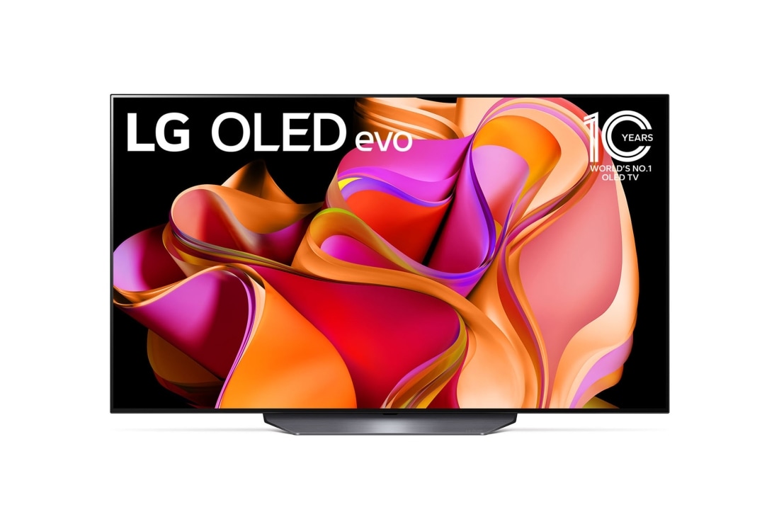 LG ال‎جی،LG OLED CS evo ، تلویزیون 55 اینچ سری CS3، کیفیت 4k، تکنولوژی هوشمند AI ThinQ و WebOS، کنترل جادویی، زبان طراحی 4side cinema، توانایی نمایش محتوایDolby Vision و HLG، تکنولوژی AI Picture Pro وAI Sound Pro (9.1.2ch) و Dolby Atmos، تکنولوژیVRRو G-sync برای اتصال به کنسول بازی، پایه وسط،جدید 2023 , نمای جلو با LG OLED evo و نشان OLED شماره 1. 10 ساله جهان روی صفحه نمایش و همچنین ساندبار زیر, OLED55CS3VA