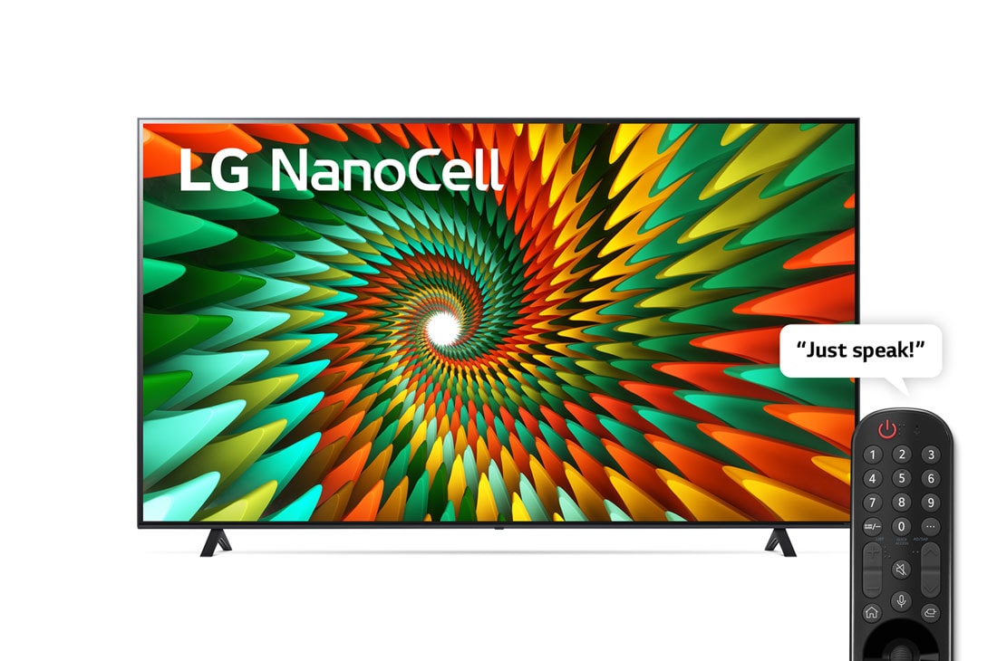 LG ال‌جی،LG Nanocell ، تلویزیون 75 اینچ سری NANO77R، تکنولوژی هوشمند AI ThinQ، سیستم عامل WebOS، کیفیت 4k، کنترل جادویی، زبان طراحی 3side cinema، تکنولوژی AI Sound Pro (5.1.2ch)، توانایی نمایش محتوای HDR با فرمتHLG، پایه دو طرفه، جدید 2023 , نمای جلو از تلویزیون LG NanoCell, 75NANO776RA