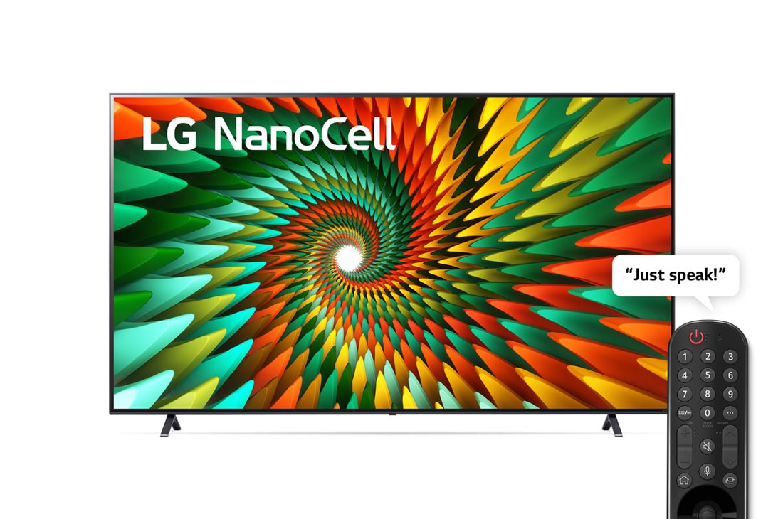 LG ال‌جی،LG Nanocell ، تلویزیون 86 اینچ سری NANO77R، تکنولوژی هوشمند AI ThinQ، سیستم عامل WebOS، کیفیت 4k، کنترل جادویی، زبان طراحی 3side cinema، تکنولوژی AI Sound Pro (5.1.2ch)، توانایی نمایش محتوای HDR با فرمتHLG، پایه دو طرفه، جدید 2023 , نمای جلو از تلویزیون LG NanoCell, 86NANO776RA