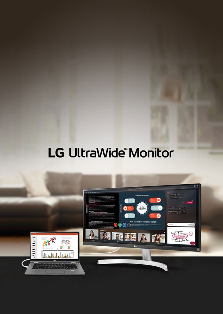 تُظهر الصورة منتج LG UltraWide ™ Monitor مع شاشة عريضة مقسمة إلى 4 أجزاء لندوة ويب مستمرة ، تتكون من وثيقة نصية للمناقشة ، شريحة PowerPoint ،   خمس مقاطع فيديو لكل 5 مشاركين ، وشاشة الدردشة مع رسم تخطيطي لإرسال الصورة.