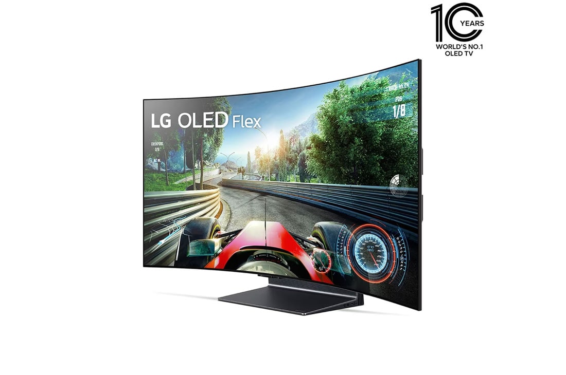 LG إل جي أوليد Flex ٤٢ بوصة 4K تلفاز ذكي، شاشة بتصميم قابل للثني، معالج a9 Gen5 للذكاء الإصطناعي., منظر أمامي بزاوية 45 درجة لتلفزيون Flex يتجه ناحية اليسار بشاشة منحنية بالكامل., 42LX3Q6LA