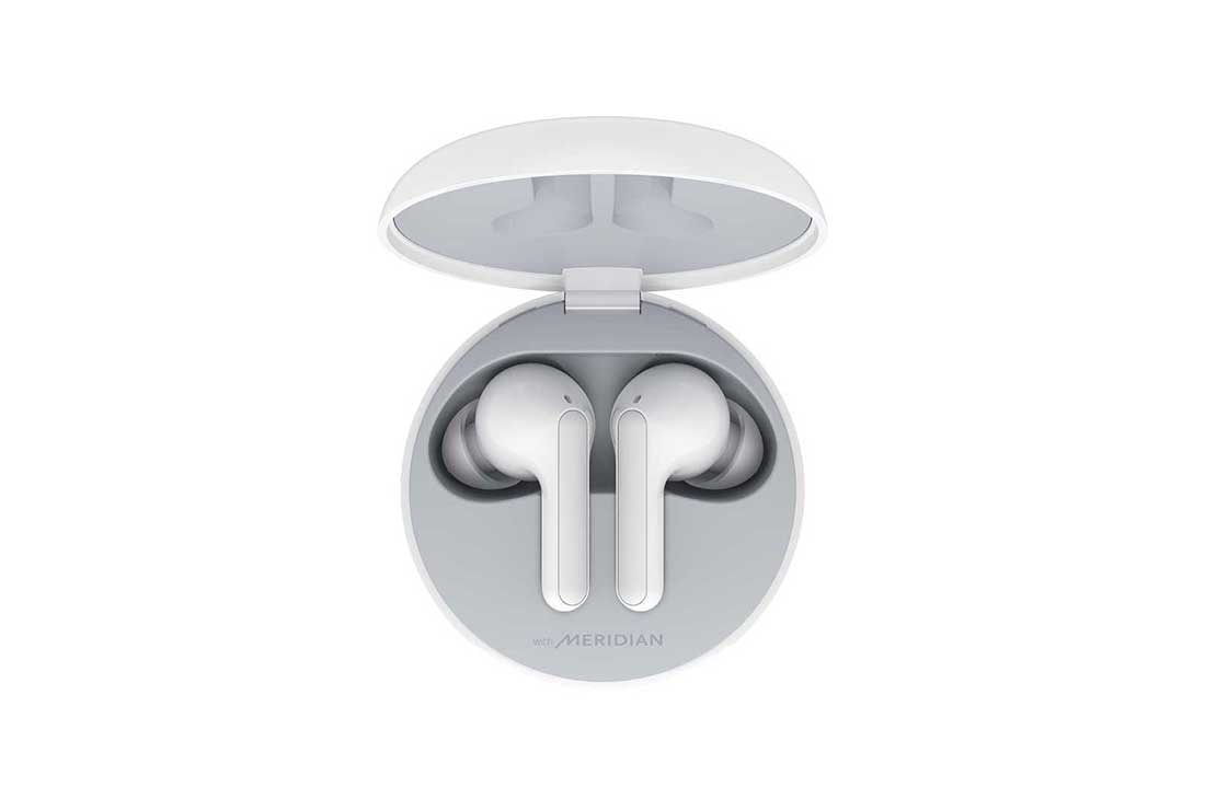 LG TONE Free HBS-FN4 Bluetooth® Wireless Stereo Earbuds with Meridian Audio (White), A top view of a cradle opened up and two earbuds inside it with UV lighting on, HBS-FN4
