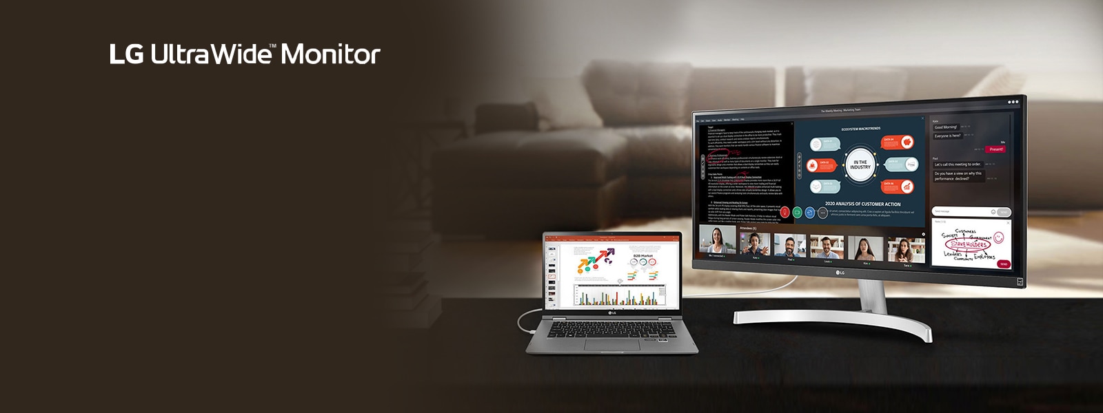 The image shows the LG UltraWide™ Monitor product with the wide screen splitted to 4 parts for an ongoing Webinar, consisting of a text document to discuss, a PowerPoint slide, 5 videos of each of 5 participants, and the chatting screen with an diagram drawing image to send.