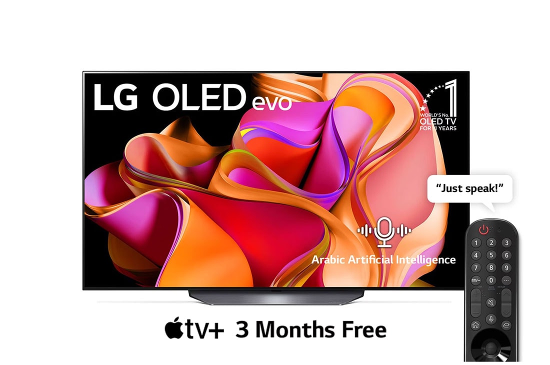 LG, OLED evo TV, 65 inch CS3 series, WebOS Smart AI ThinQ, Magic Remote, 4 side cinema, Dolby Vision HDR10, HLG, AI Picture Pro, AI Sound Pro (9.1.2ch), Dolby Atmos, 1 pole stand, 2023 New, Front view with LG OLED evo and 10 Years World No.1 OLED Emblem on screen., OLED65CS3VA