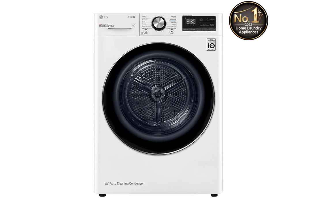 LG Energy Saving Dryer, 9kg, White, Drying with Dual Heat Pump, Front, RH1077WVK