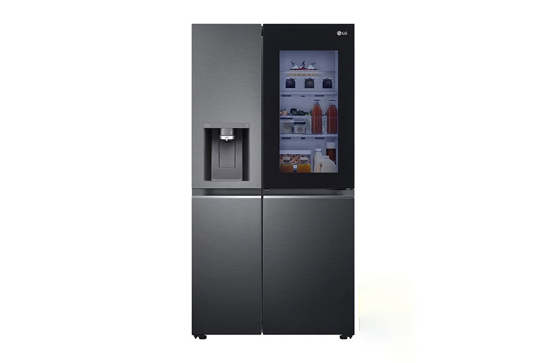 LG 674L side-by-side-fridge with InstaView Door-in-Door™ in Matt Black, front light on food view, GS-X5982MC